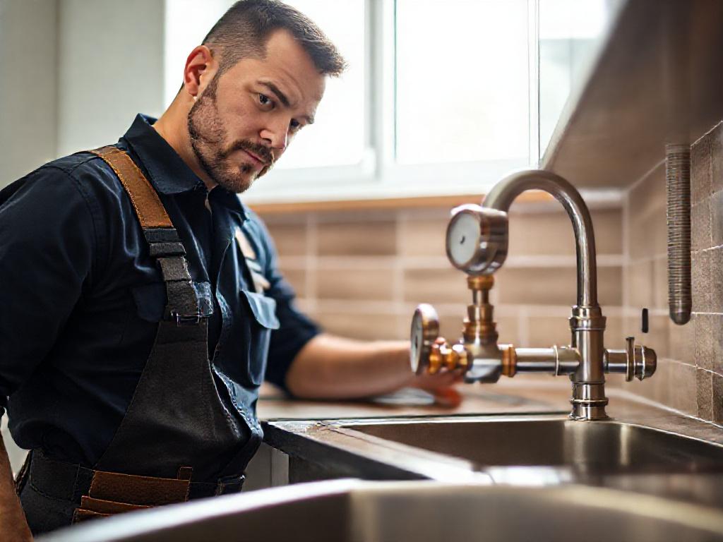 Magnivo plumber inspecting a copper pipe and pressure gauge under a kitchen sink