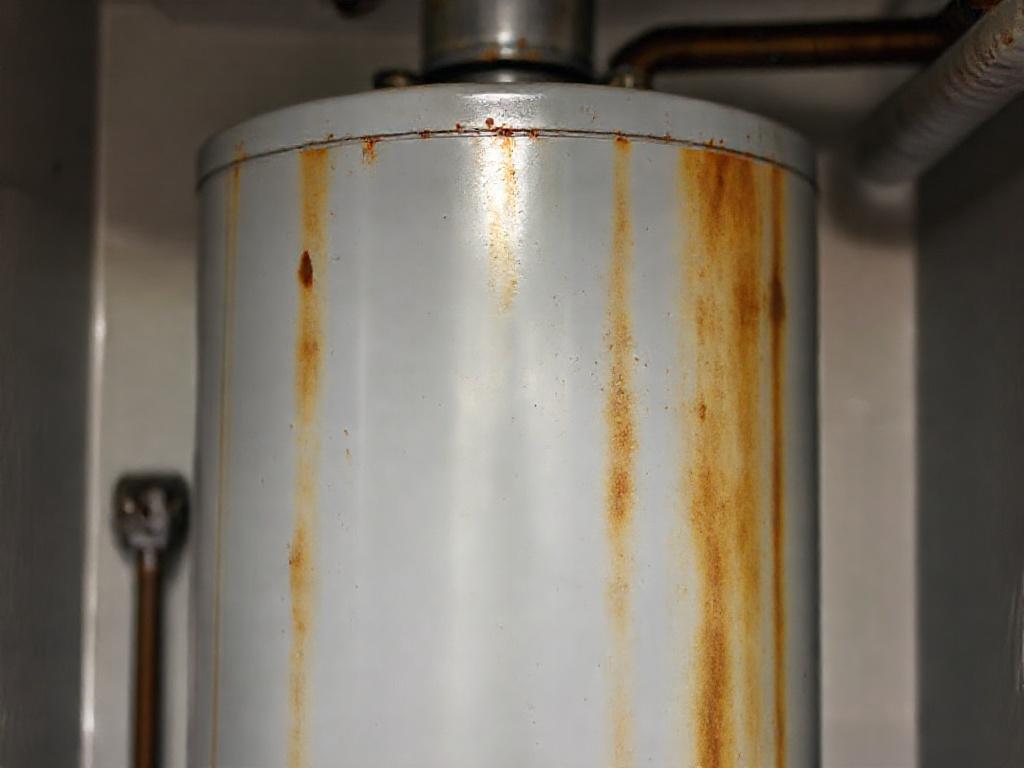 Rust streaks visible on an old water heater tank
