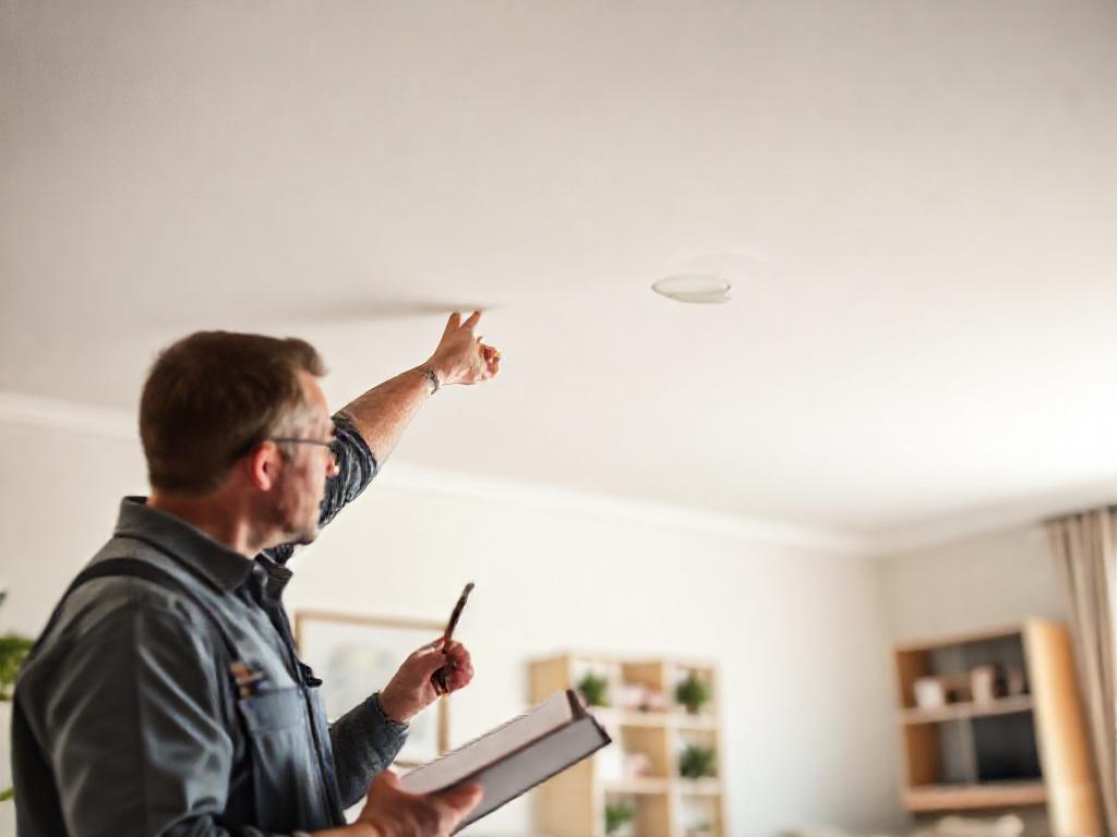 Homeowner pointing to a water stain on a white ceiling