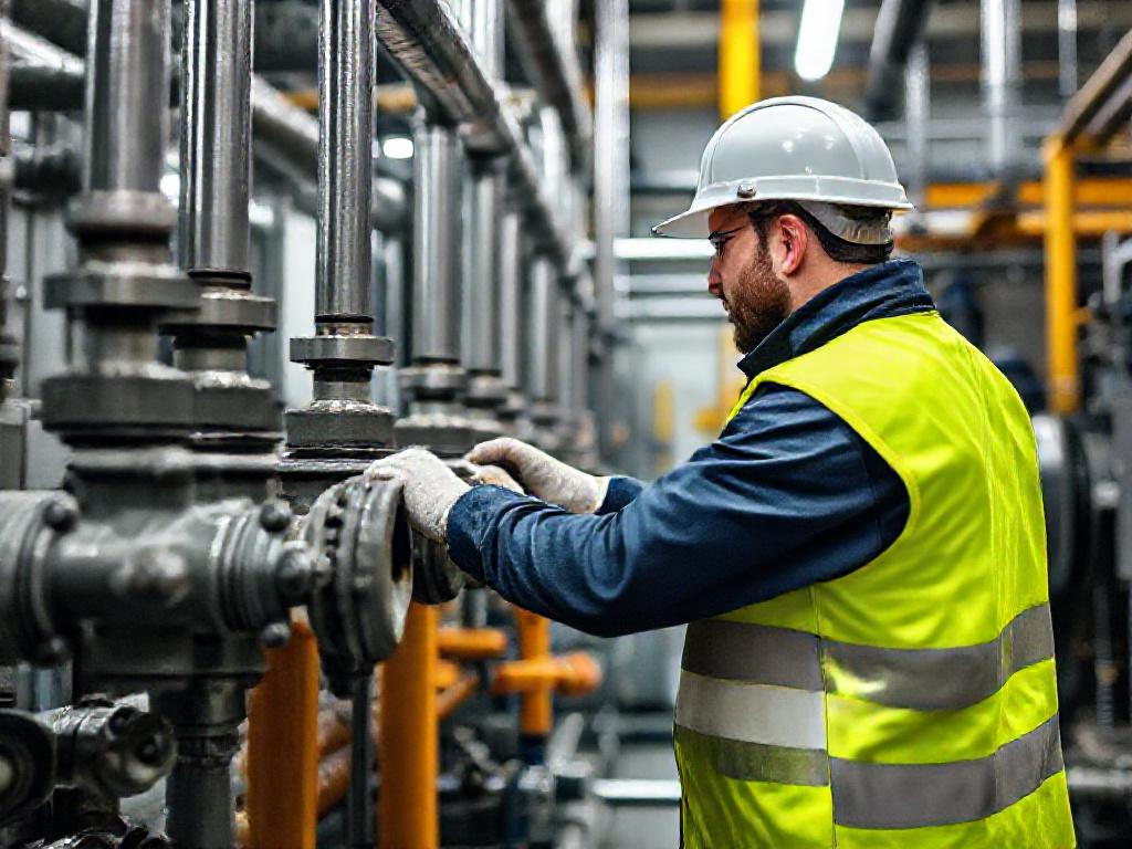 Plumber servicing valves in a commercial mechanical room