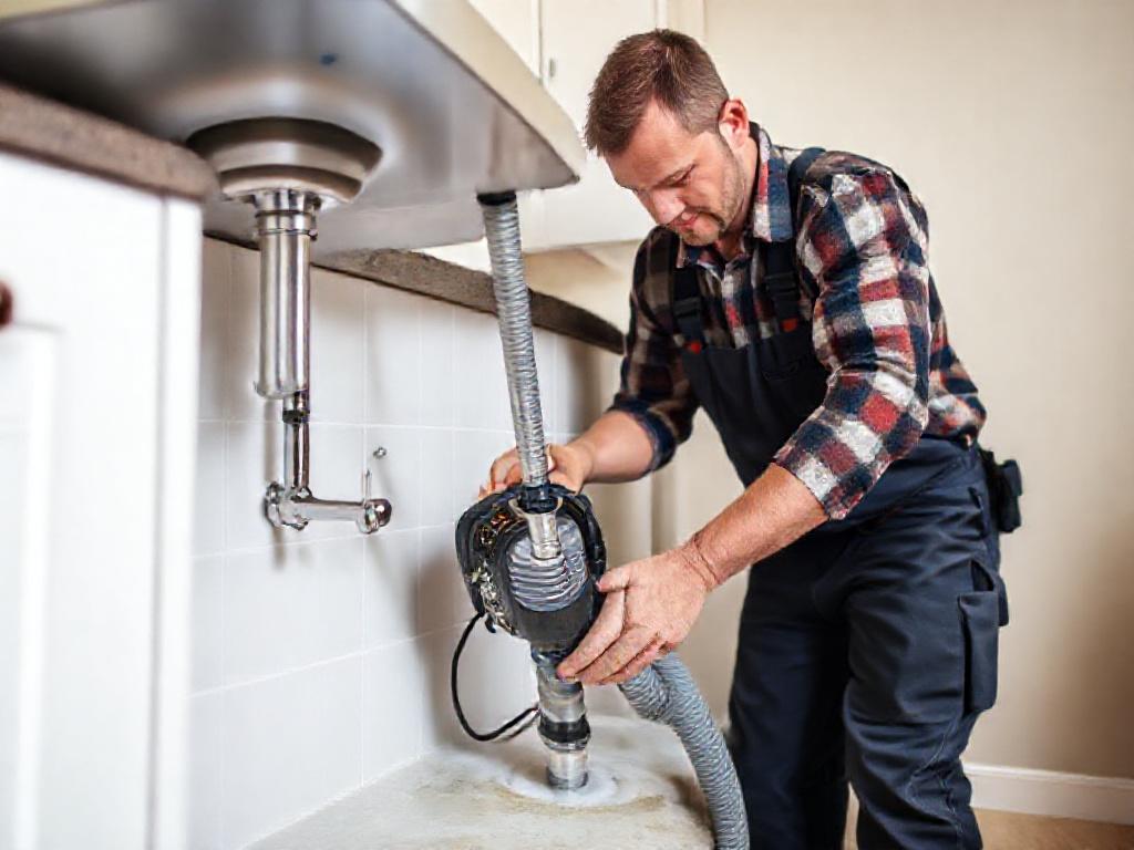Plumber clearing a kitchen drain with an electric snake auger