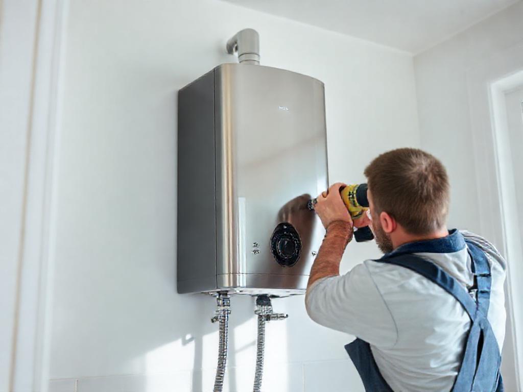 Plumber installing a stainless steel storage water heater on a wall