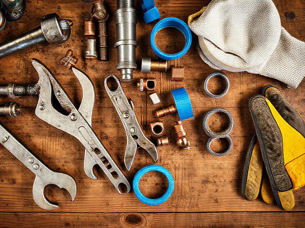 Overhead view of plumbing tools and copper fittings on a wooden workbench